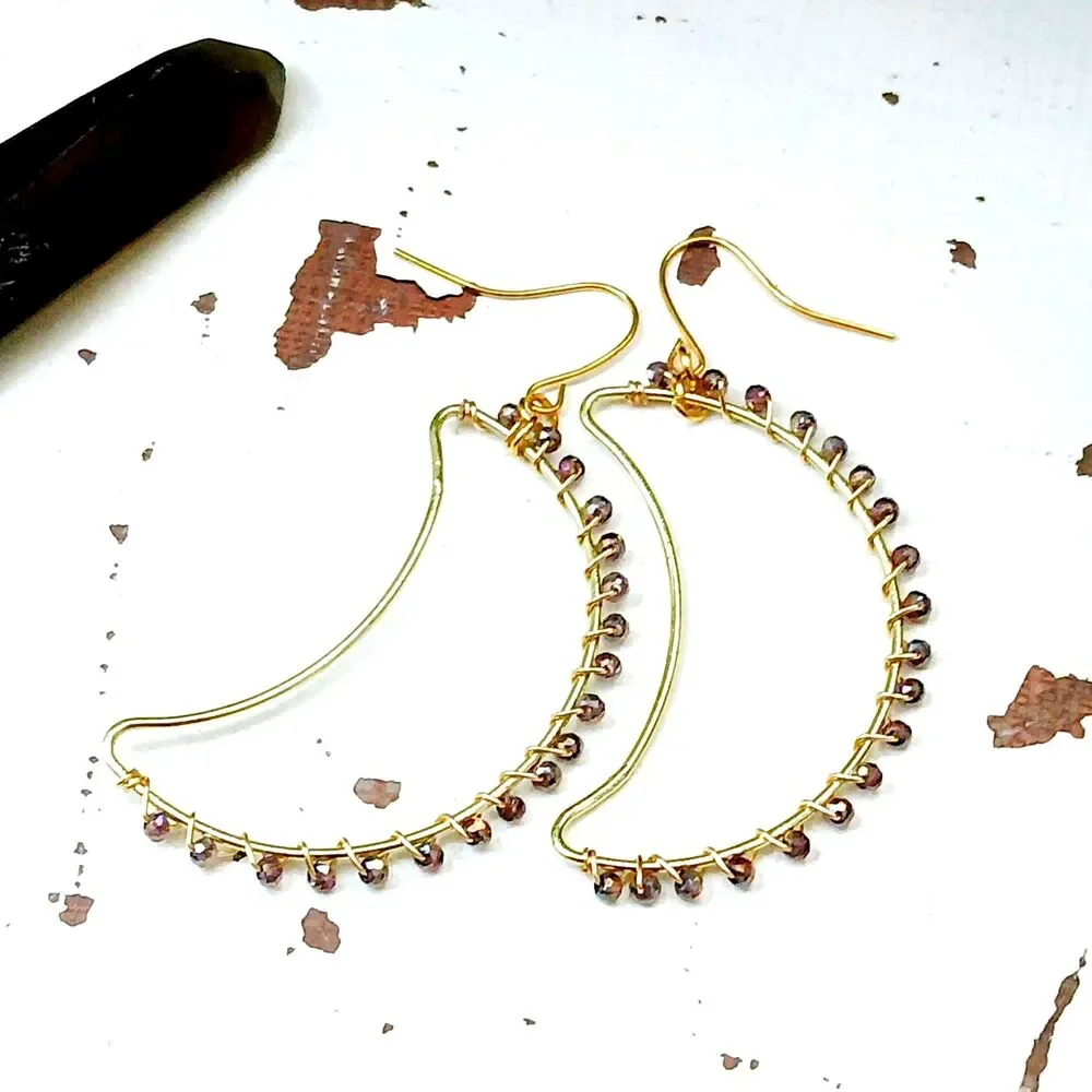 BOGO EARRINGS Gold Crescent Moon Beaded Dangle Earrings - 2.5" - Picture 6 of 11